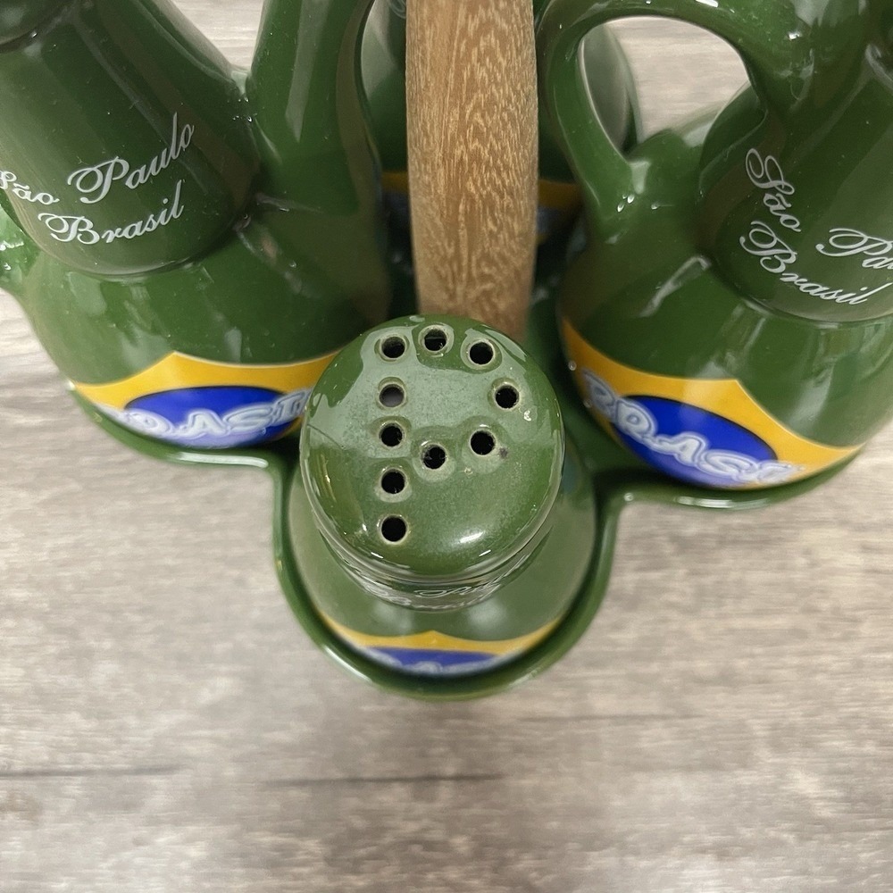 Sao Paulo Brasil Cruet Set Ceramic Green Brazil Flag 5 Piece Caddy - Picture 3 of 16